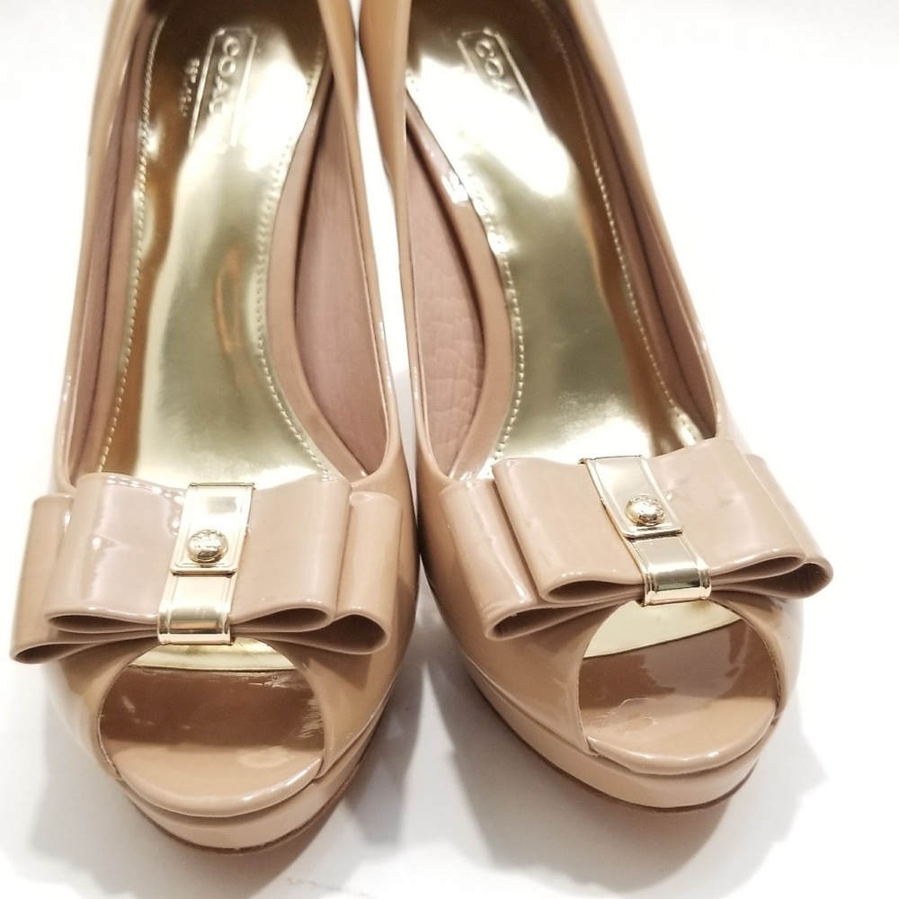 Coach Patent Starla Nude Bow Heels Open Toe Shoes - Picture 6 of 7